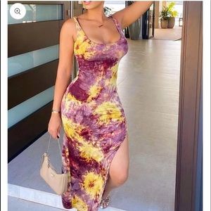Tie Dye Print Sleeveless U-Neck High Slit Dress